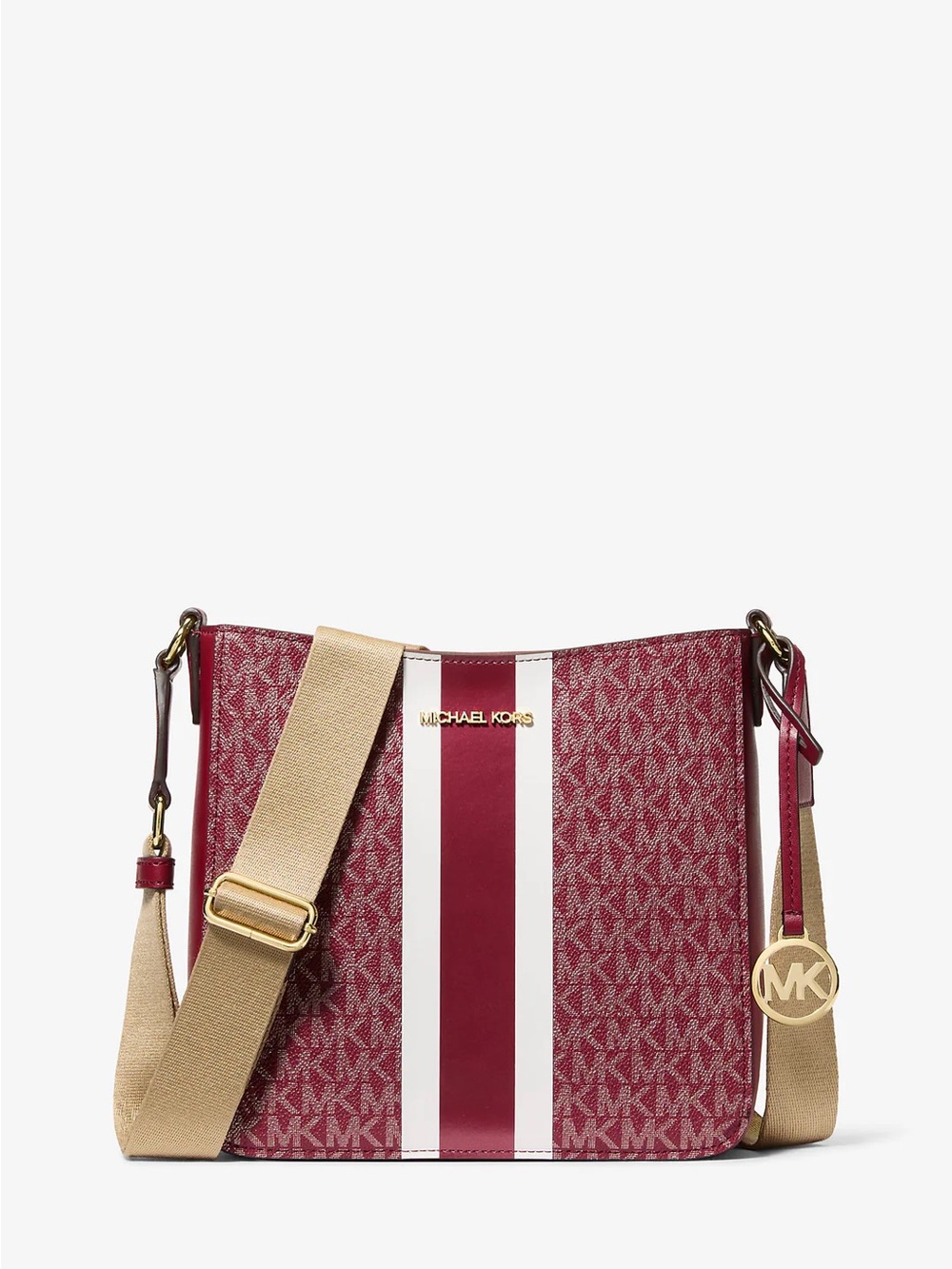 Michael Kors Red and White Logo Stripe Crossbody with Gold Hardware